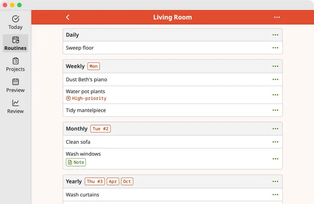 Screenshot of Homemaking App routine page on macOS