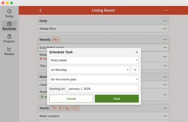 Screenshot of Homemaking App schedule dialog on macOS